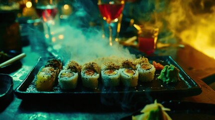 Assorted Sushi Rolls on a Japanese Inspired Platter