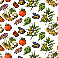 Mediterranean seamless food pattern with cheese fish olives tomato