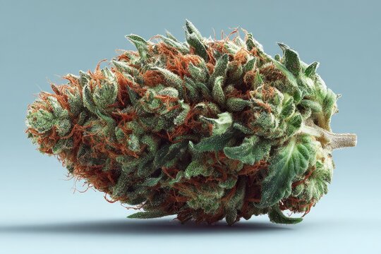 Close-up of a cannabis bud, displaying intricate details of trichomes and leaves.  A light-gray background highlights the bud's texture
