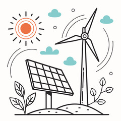 Clean Energy Landscape &ndash; Solar Panel and Wind Turbine Eco Illustration