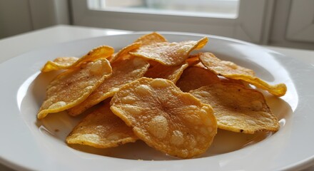 Golden Fried Chips on White Plate Snack Food Still Life
