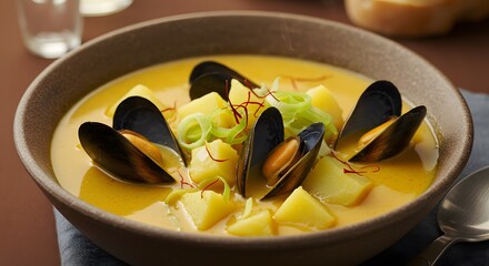 Golden Mussel Stew with Potatoes and Leeks in Rustic Brown Bowl