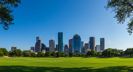 Obraz premium 緑豊かな公園から望む、青く澄み渡る空の下にそびえ立つ高層ビル群の壮大な眺め