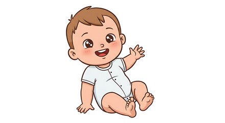 Adorable cartoon baby boy sitting and waving hello with a happy expression