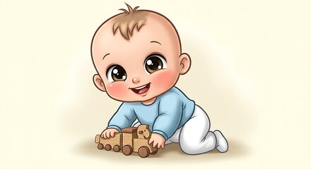 Adorable cartoon baby boy crawling with a wooden train toy
