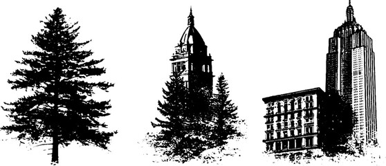 Obraz premium Black and white stencil set of urban landmarks and pine trees for design projects