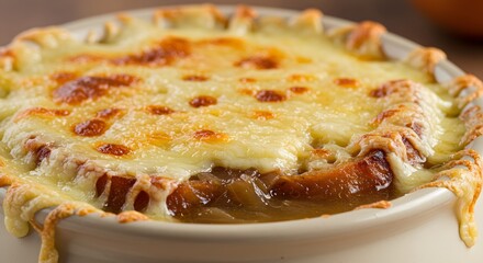 Golden Onion Soup with Melted Cheese in Bowl Closeup