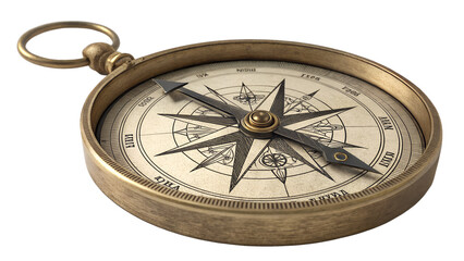 An antique brass compass, isolated on transparent background, evokes a sense of adventure and historical navigation, perfect for themes of exploration and discovery