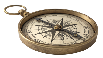 An antique brass compass, isolated on transparent background, evokes a sense of adventure and historical navigation, perfect for themes of exploration and discovery
