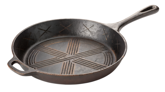 A rustic cast iron skillet, isolated on transparent background, evokes the charm of traditional cooking and hearty homemade meals