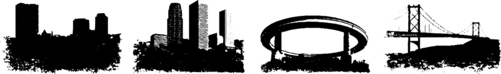 Futuristic urban structures stencil set in black and white for design projects