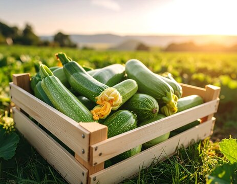 Fresh zucchini in a wooden crate in a field at sunset