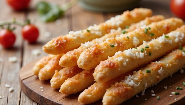 Freshly baked cheese breadsticks topped with herbs on wooden board, delicious appetizer, rustic setting