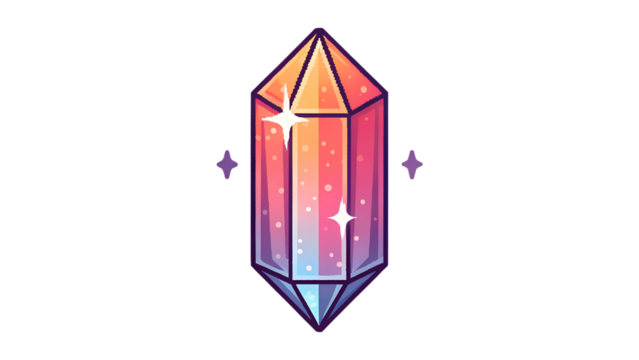 A vibrant pixel art crystal sparkles against an isolated on transparent background, radiating magical energy