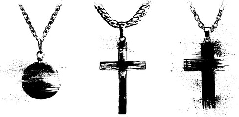 Black and white stencil set of gold necklaces with cross and pendant design for urban art