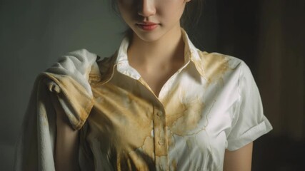 Woman's blouse with bloodstain on it, set against a dimly lit backdrop.