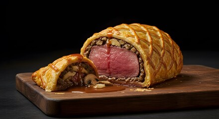 Golden Puff Pastry Encased Meat Dish on Wooden Board with Sliced Piece