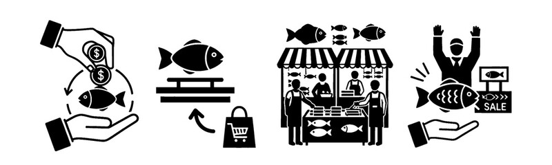 Fish trade, market and supply chain vector icons.