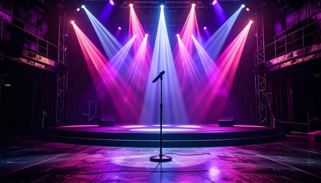 Colorful Stage Lights Illuminate Empty Performance Area with Microphone - Powered by Adobe