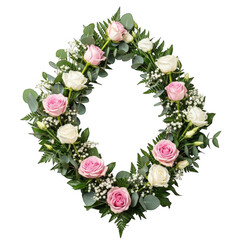 Fototapeta premium Diamond shaped funeral wreath with pink and white roses isolated on transparent background