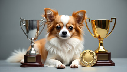 Adorable long-haired Chihuahua poses proudly with gold trophy, silver cup. Small dog, champion winner, embodies achievement, canine competition success. Award-winning pet displays pure joy,