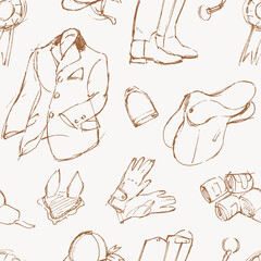 Equestrian seamless pattern, drawings of horse sport clothing and accessories, vector background