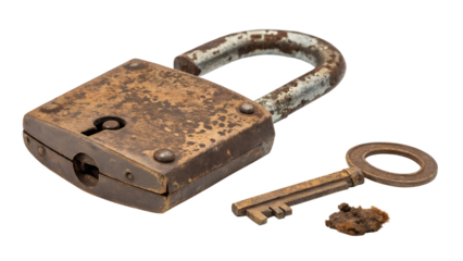 An antique rusted padlock with its key, isolated on transparent background, evokes a sense of history and forgotten security