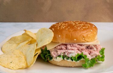 spam salad sandwich with  potato chips