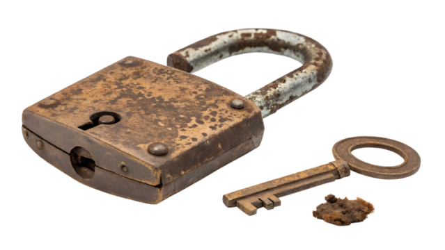 An antique rusted padlock with its key, isolated on transparent background, evokes a sense of history and forgotten security
