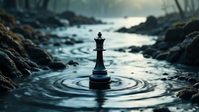 A chess king stands alone amidst a stream of flowing binary code. 4k video