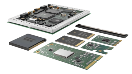 A collection of electronic circuit boards and components, isolated on transparent background, showcasing modern technology and engineering