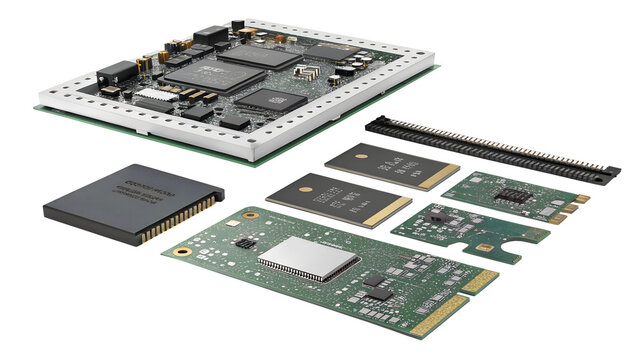 A collection of electronic circuit boards and components, isolated on transparent background, showcasing modern technology and engineering