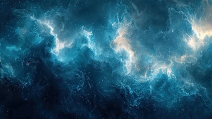 Dynamic cosmic waves in dep blue hues, capturing theessence of the universes eergy and mystery, perfect or science, technology, orabstract art themes.