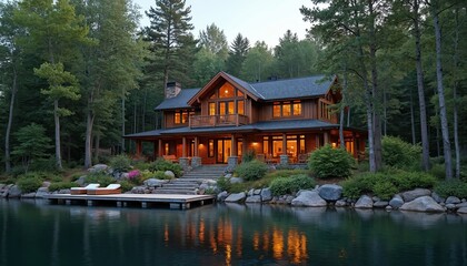 Fototapeta premium Luxury lakefront lodge retreat nestled in pristine forest on Lake Superior. Contemporary north woods estate features timber construction, expansive glass, private dock. Nordic design influences,