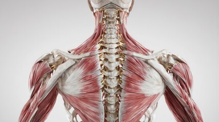 High-quality 3D render of human back anatomy, focus on shoulder blades and surrounding muscles