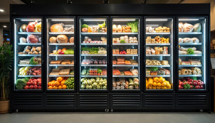 Commercial display refrigerators variety of fresh produce, meats, dairy, baked goods. Multiple glass doors reveal neatly organized shelves stocked with colorful fruits, vegetables, packaged foods,