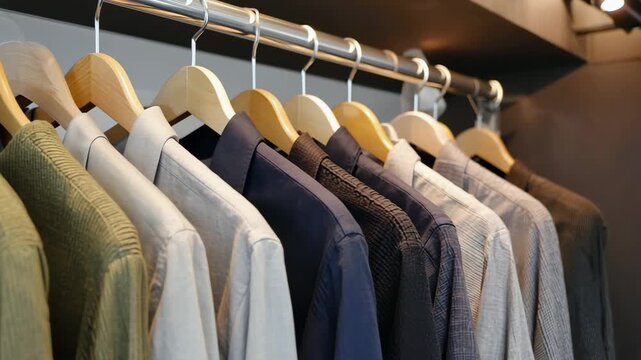 Various shirts neatly hanging on wooden hangers in wardrobe, organized by color and style.