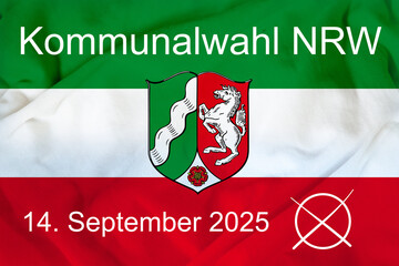 Grafik mit der Flagge von Nordrhein-Westfalen mit Text KOMMUNALWAHL NRW 14. SEPTEMBER 2025