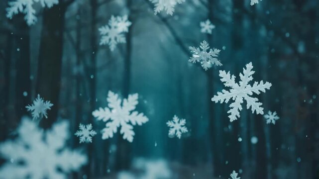 Delicate white snowflakes falling through air with soft light and blue background, capturing peaceful winter moment.