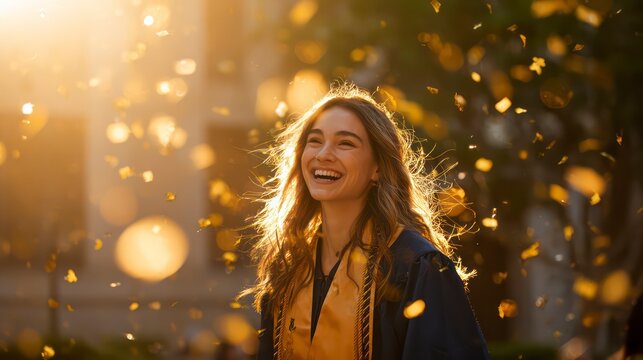 Graduation moment with student laughing, confetti mid-flight, golden sunlight, vibrant atmosphere - Powered by Adobe