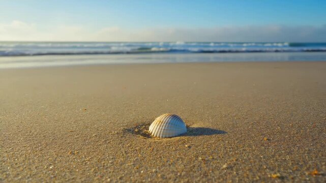 Single white seashell lying on smooth sandy beach with gentle waves and soft morning sunlight.