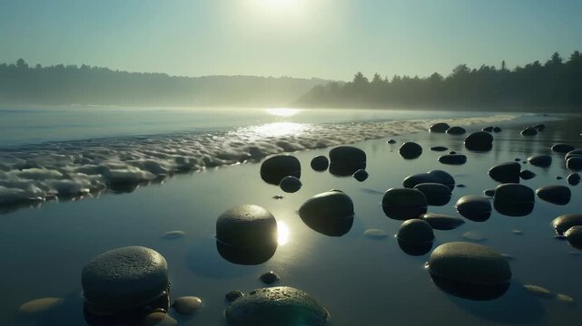 Peaceful sea shore with round black stones reflecting warm sunset light over water and beach.