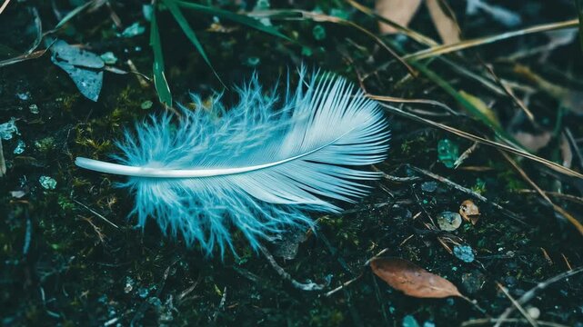 Bright blue feather resting on fresh green grass in soft sunlight, creating peaceful natural closeup.