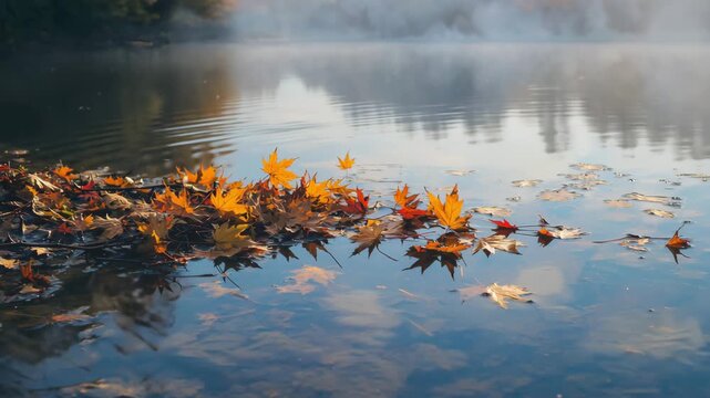 Vibrant orange and yellow fall leaves floating on still lake water, reflecting seasonal calmness and change.