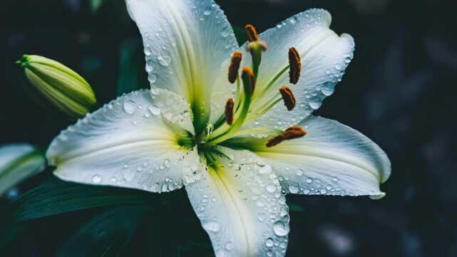 Closeup of fresh white lily with water droplets on petals, showing beauty and purity in natural light.
