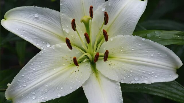 White lily flower with visible water drops on petals, creating fresh and natural floral detail view.