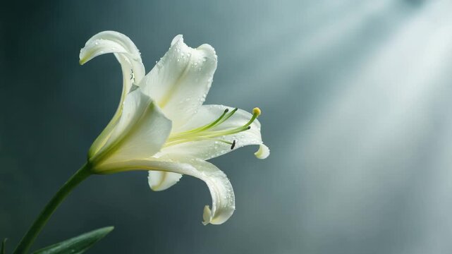Elegant white lily bloom lit by soft natural sunlight, symbolizing purity, beauty and simplicity.