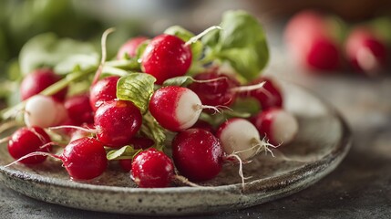 Pile of radishes on stoneware plate, kitchen wall softly fading into blur