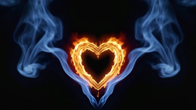 Heart shape formed by intense fire flames glowing on black background, symbolizing passion and strong emotion.