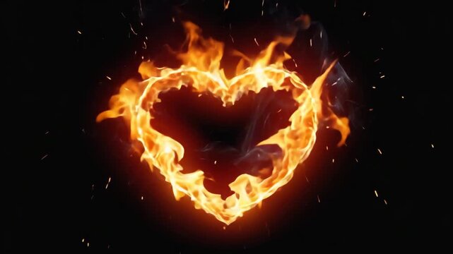 Heart shape formed by intense fire flames glowing on black background, symbolizing passion and strong emotion.